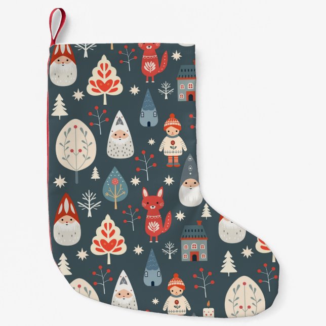 Scandinavian folk art with Christmas gnomes  Small Christmas Stocking (Front)