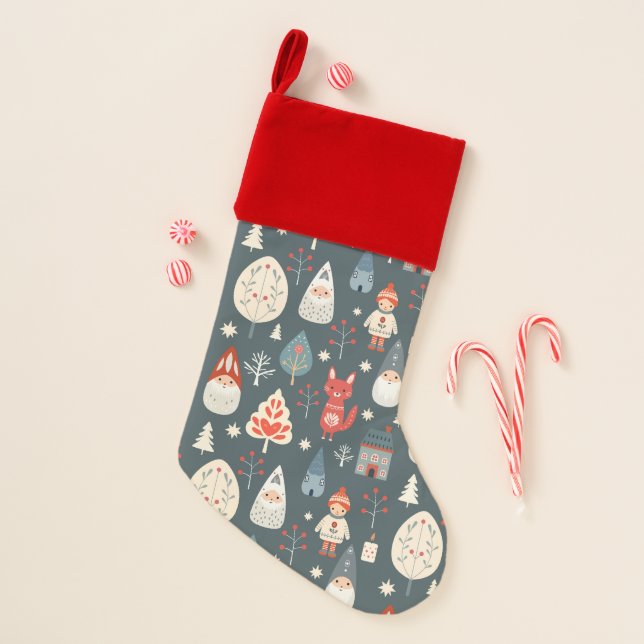 Scandinavian folk art with Christmas gnomes  Stocking (Front)