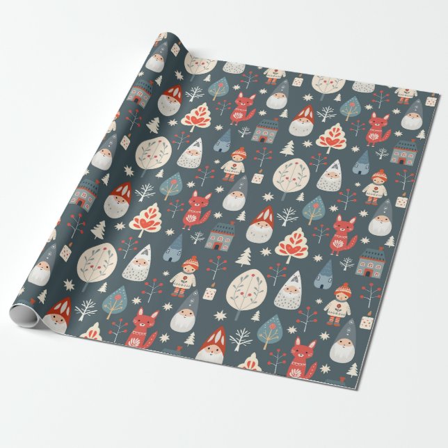 Scandinavian folk art with Christmas gnomes  Wrapping Paper (Unrolled)