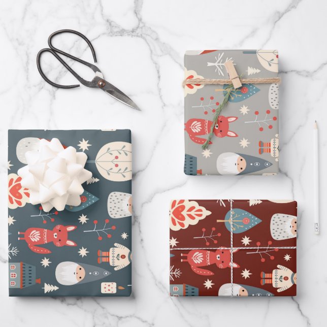 Scandinavian folk art with Christmas gnomes  Wrapping Paper Sheets (Front)