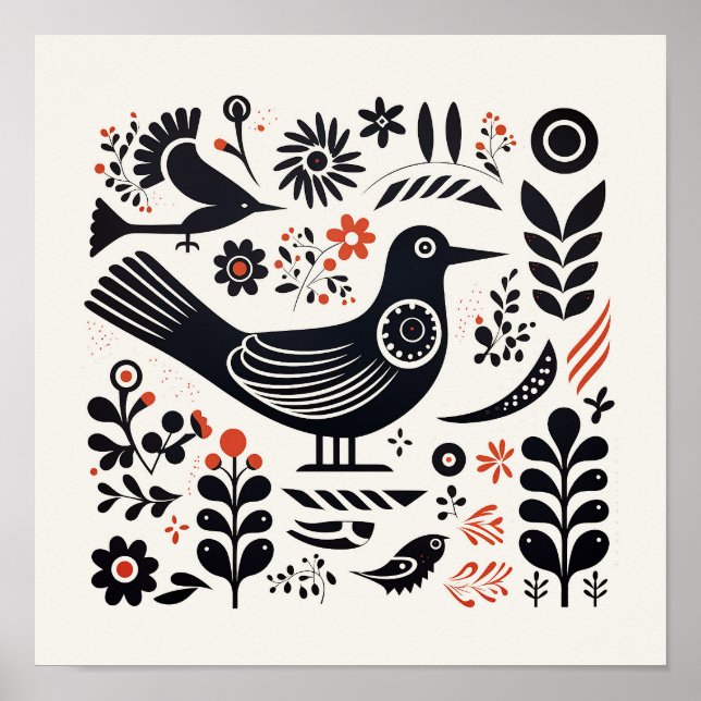 Scandinavian Folk Bird Art Poster (Front)