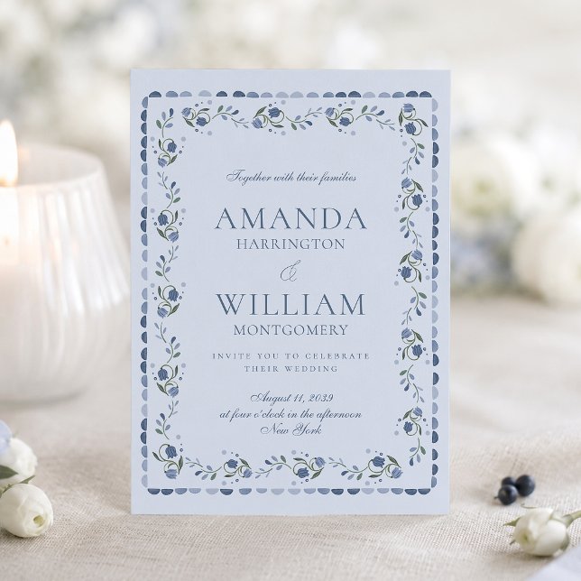 Scandinavian Folk Dusty Blue Wedding Invitation (Creator Uploaded)