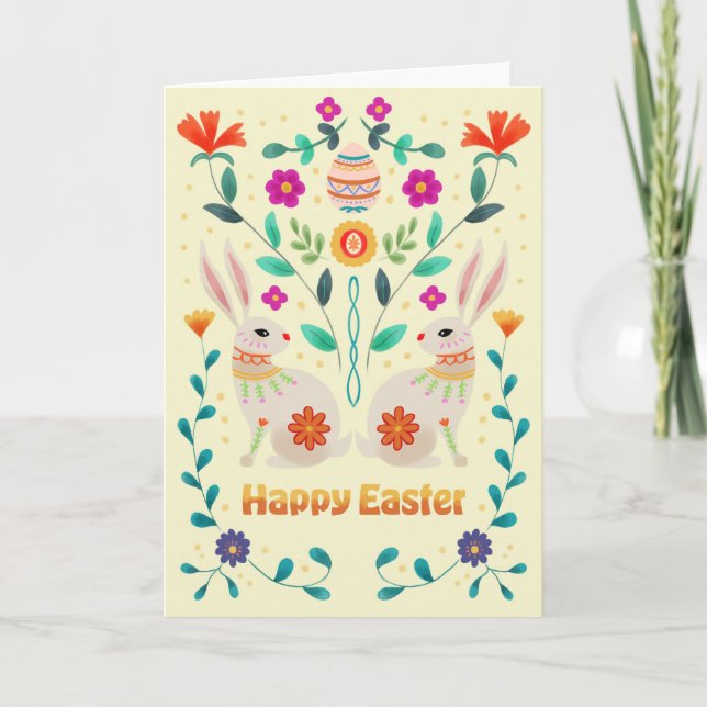 Scandinavian Folk Easter Bunnies  Card (Front)