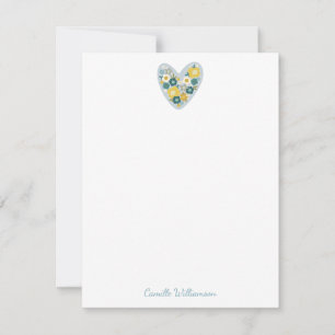 Scandinavian Folk Floral Heart Blue Personalized Note Card