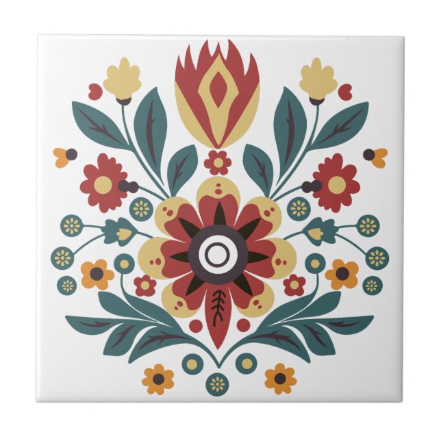 Scandinavian Folk Floral Motif Ceramic Tile (Front)