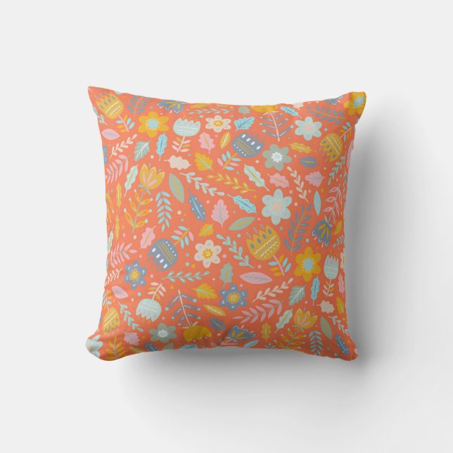 Scandinavian Folk Floral Pattern in Orange  Throw Pillow (Front)