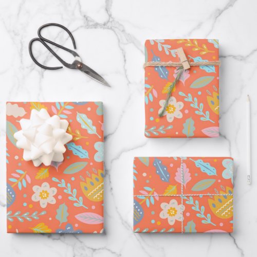 Scandinavian Folk Floral Pattern in Orange Wrapping Paper Sheets