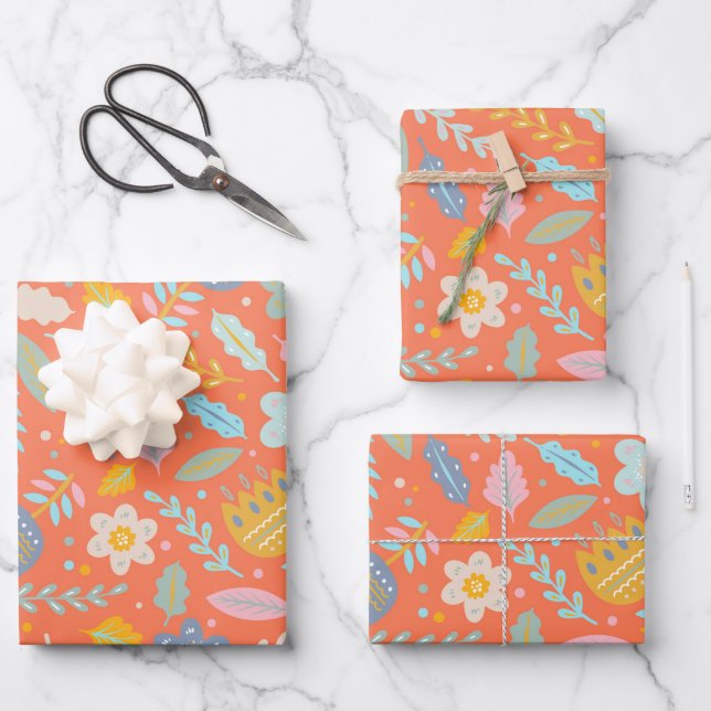 Scandinavian Folk Floral Pattern in Orange Wrapping Paper Sheets (Front)