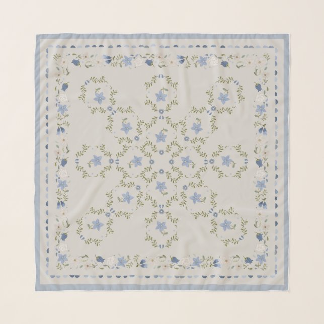 Scandinavian Folk Floral Silk Scarf (Front)