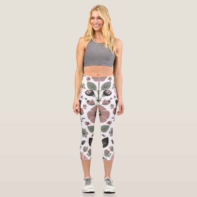 Scandinavian Folk Florals – Stylized Primroses  Capri Leggings (Front)