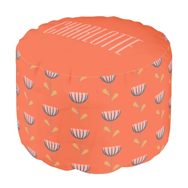 Scandinavian Folk Flower in Orange Personalized Pouf (Angled Front)