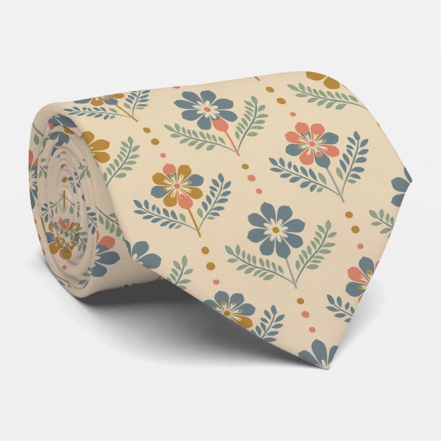 Scandinavian Folk Flower Pattern Neck Tie (Rolled)