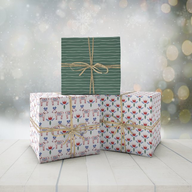 Scandinavian Folk Hand Drawn Green Christmas Wrapping Paper Sheets (Creator Uploaded)
