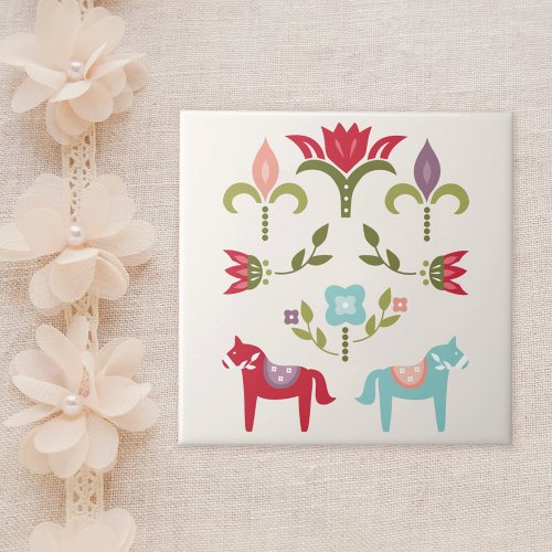 Scandinavian Folk Horses Pattern Ceramic Tile