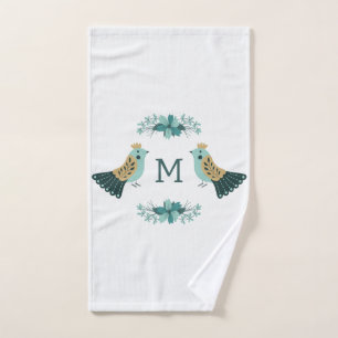 Scandinavian folk motif with birds and flowers bath towel set