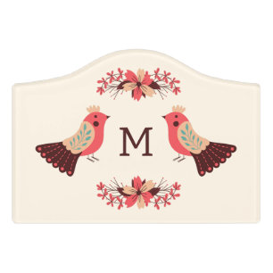 Scandinavian folk motif with birds and flowers door sign