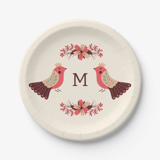 Scandinavian folk motif with birds and flowers paper plates (Front)