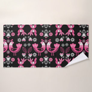Scandinavian Folk Pink And White Birds Bath Towel