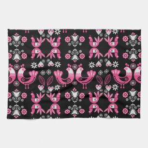Scandinavian Folk Pink And White Birds Kitchen Towel