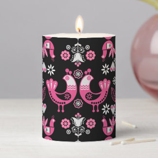 Scandinavian Folk Pink And White Birds Pillar Candle