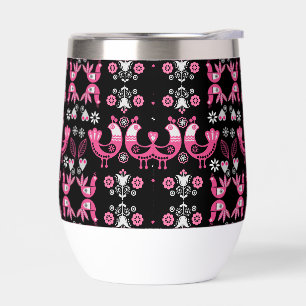 Scandinavian Folk Pink And White Birds Thermal Wine Tumbler