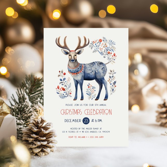 Scandinavian Folk Reindeer Christmas Party Invite (Creator Uploaded)