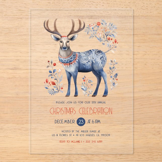 Scandinavian Folk Reindeer Christmas Party Invite Acrylic Invitations (Front)