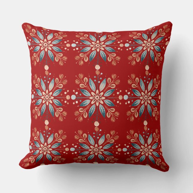 Scandinavian Folk Snowflake Pattern Red Background Throw Pillow (Front)