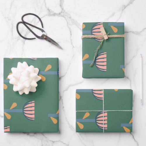Scandinavian Folk Style Floral Pattern in Green Wrapping Paper Sheets