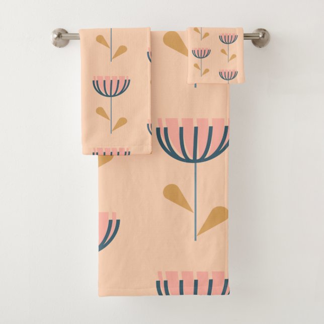 Scandinavian Folk Style Floral Pattern in Peach Bath Towel Set (Insitu)