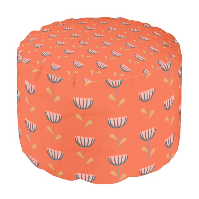 Scandinavian Folk Style Simple Flower in Orange Pouf (Angled Front)