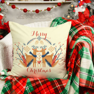 Scandinavian Folk Woodland Deer Throw Pillow