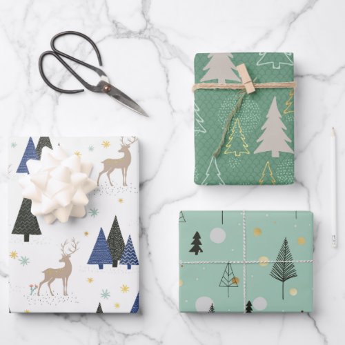 Scandinavian Forest Christmas Trees Set of 3 Wrapping Paper Sheets