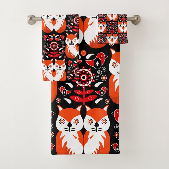 Scandinavian Fox Folk Art Bath Towel Set (Insitu)