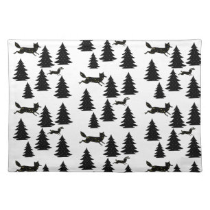 Scandinavian Fox Rabbit Black Christmas Tree Cloth Placemat