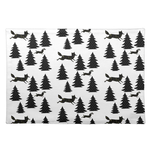 Scandinavian Fox Rabbit Black Christmas Tree   Cloth Placemat (Front)