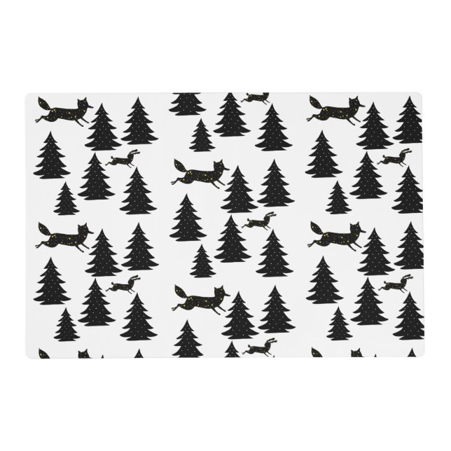 Scandinavian Fox Rabbit Black Christmas Tree  Placemat (Front)