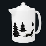 Scandinavian Fox Rabbit Black Christmas Tree Teapot<br><div class="desc">Minimalist European folktale Scandinavian black Christmas tree pattern illustration design, with running moon fox and running moon rabbit hare. Scandinavian yuletide Christmas whimsical illustrated pattern. Scandinavian Christmas home decor</div>