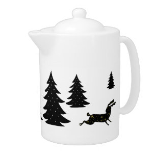 Scandinavian Fox Rabbit Black Christmas Tree Teapot