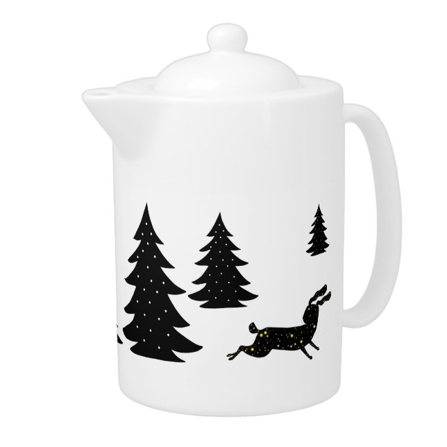 Scandinavian Fox Rabbit Black Christmas Tree   Teapot (Right)