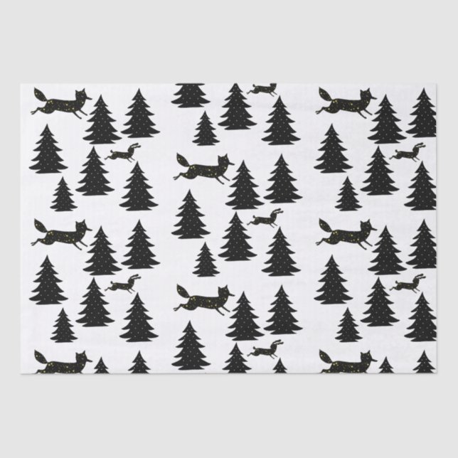 Scandinavian Fox Rabbit Black Christmas Tree  Tissue Paper (Front)