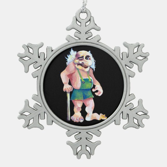 Scandinavian Funny Looking Ogre Troll Snowflake Pewter Christmas Ornament (Front)