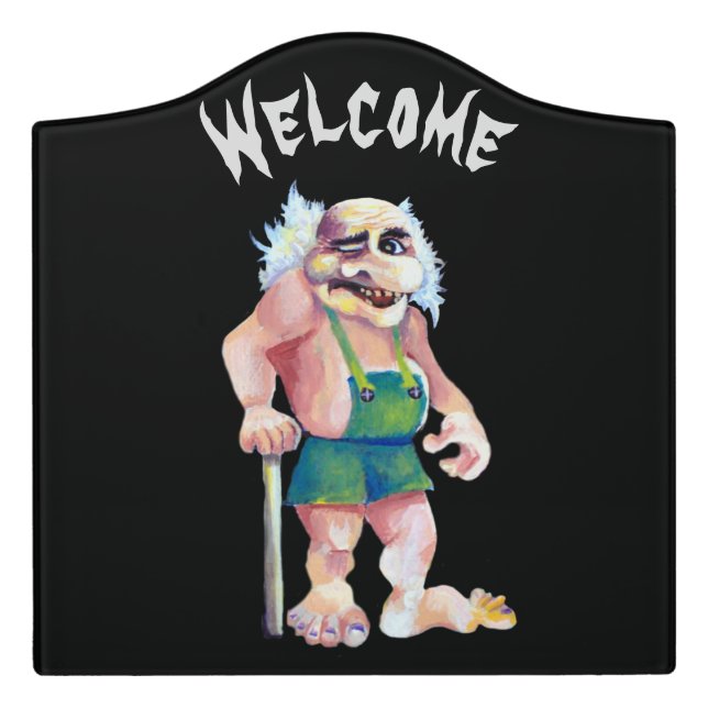 Scandinavian Funny Looking Welcoming Troll Door Sign (Large Crest Front)