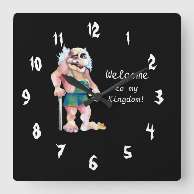 Scandinavian Funny Looking Welcoming Troll Square Wall Clock (Front)