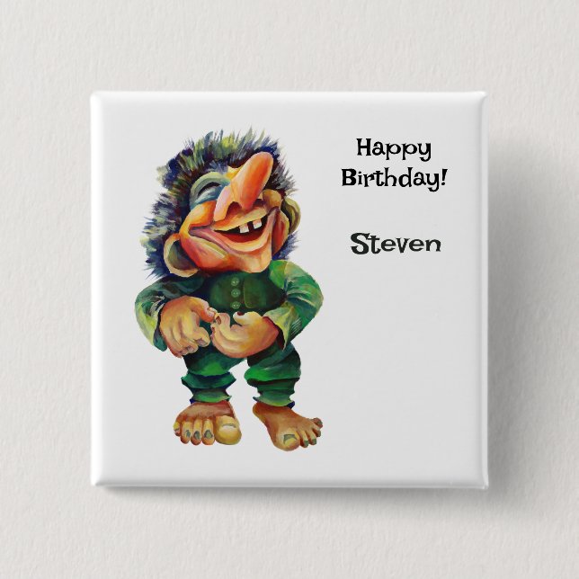 Scandinavian Funny Troll Illustration Watercolor Button (Front)