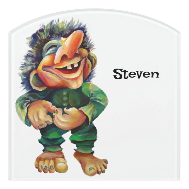 Scandinavian Funny Troll Illustration Watercolor Door Sign (Contour Front)