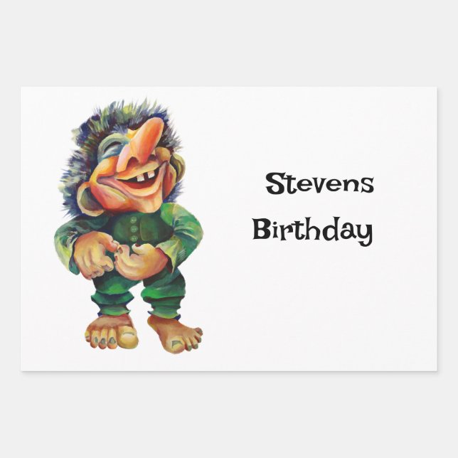 Scandinavian Funny Troll Illustration Watercolor Wrapping Paper Sheets (Front)