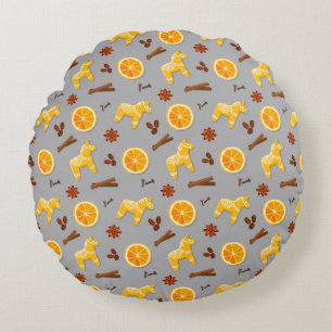 Scandinavian Gingerbread & Citrus Holiday Round Pillow