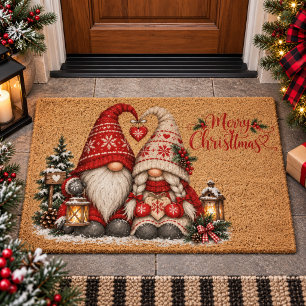 Scandinavian Gnome Couple Cozy Nordic Christmas Fiber Doormat