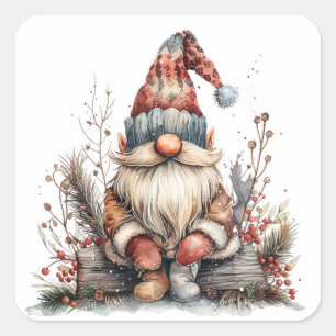 Scandinavian Gnome Sitting on a Log Square Sticker